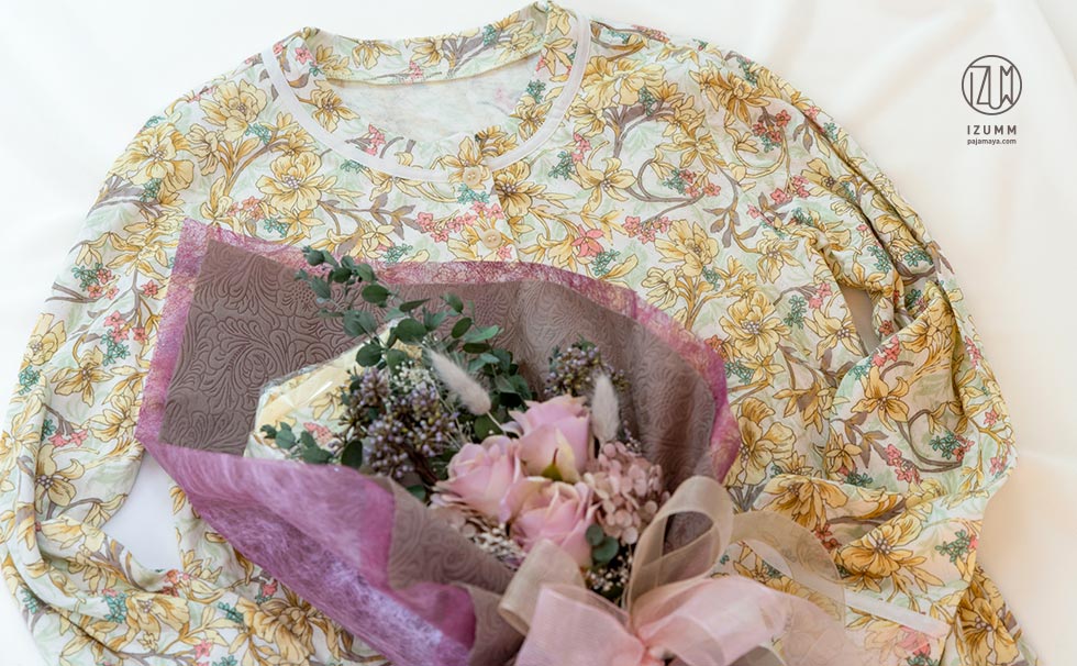 花くるみ前開きレディースパジャマのパジャマブーケ・ブーケラッピング付きギフトセット