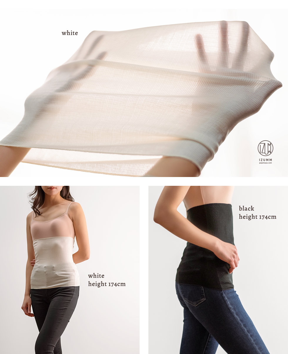 身長174cmの女性で、胸下から下腹部まで覆う長さ、後ろはお尻の半分くらいまで