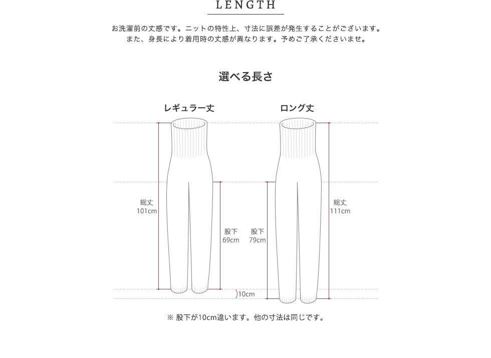 レギュラー丈（股下69cm）とロング丈（79cm）の差