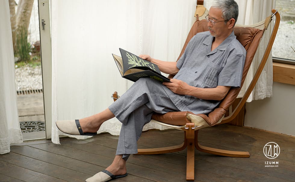 綿麻混ストレッチダンガリー ピンタック 半袖 メンズパジャマ