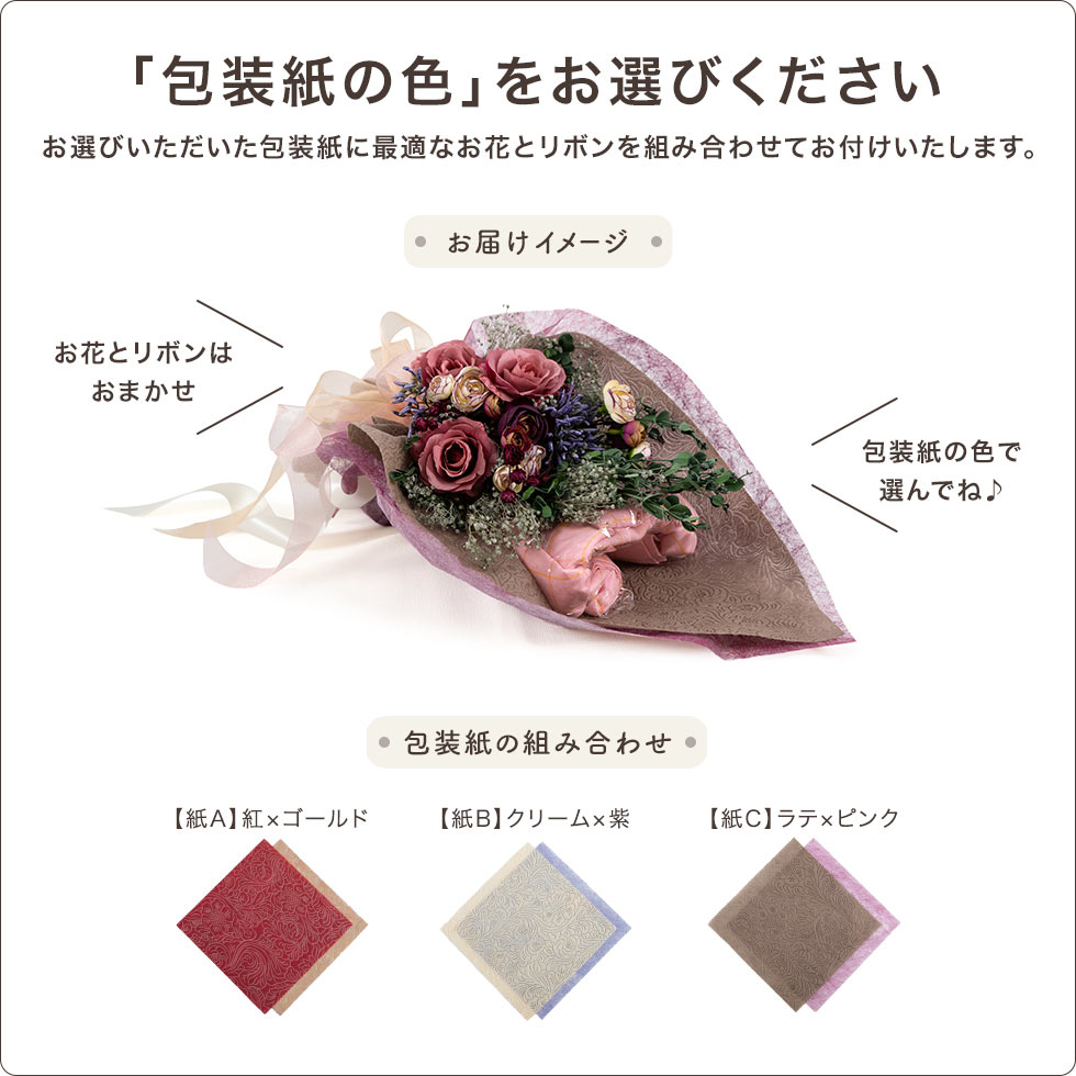 一年中いつでもOKの「包装紙」の組み合わせで選ぶブーケラッピング。お好みの包装紙の色をお選びください。