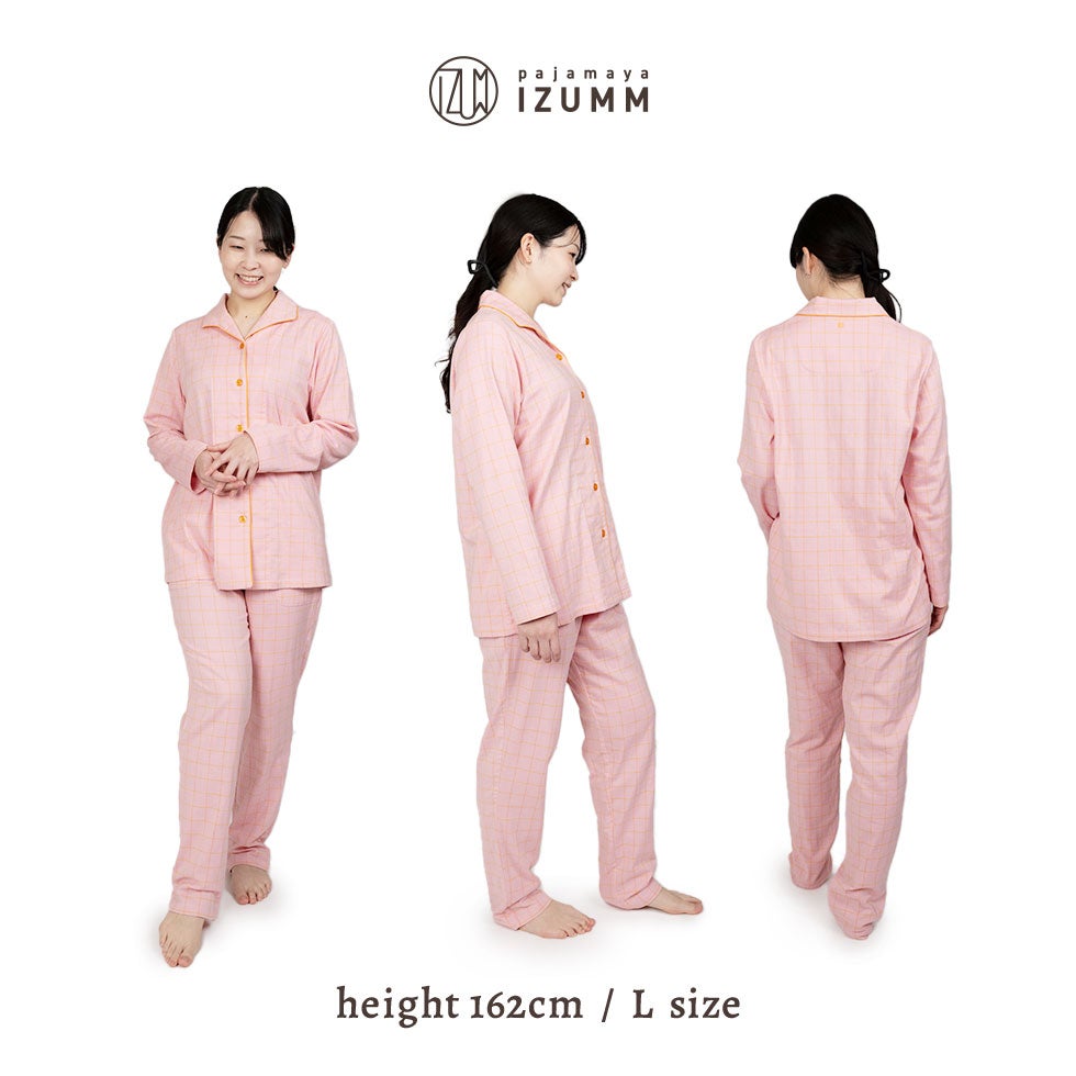 女性モデル身長：162cm Lサイズ チェックxシトラスピンク着用