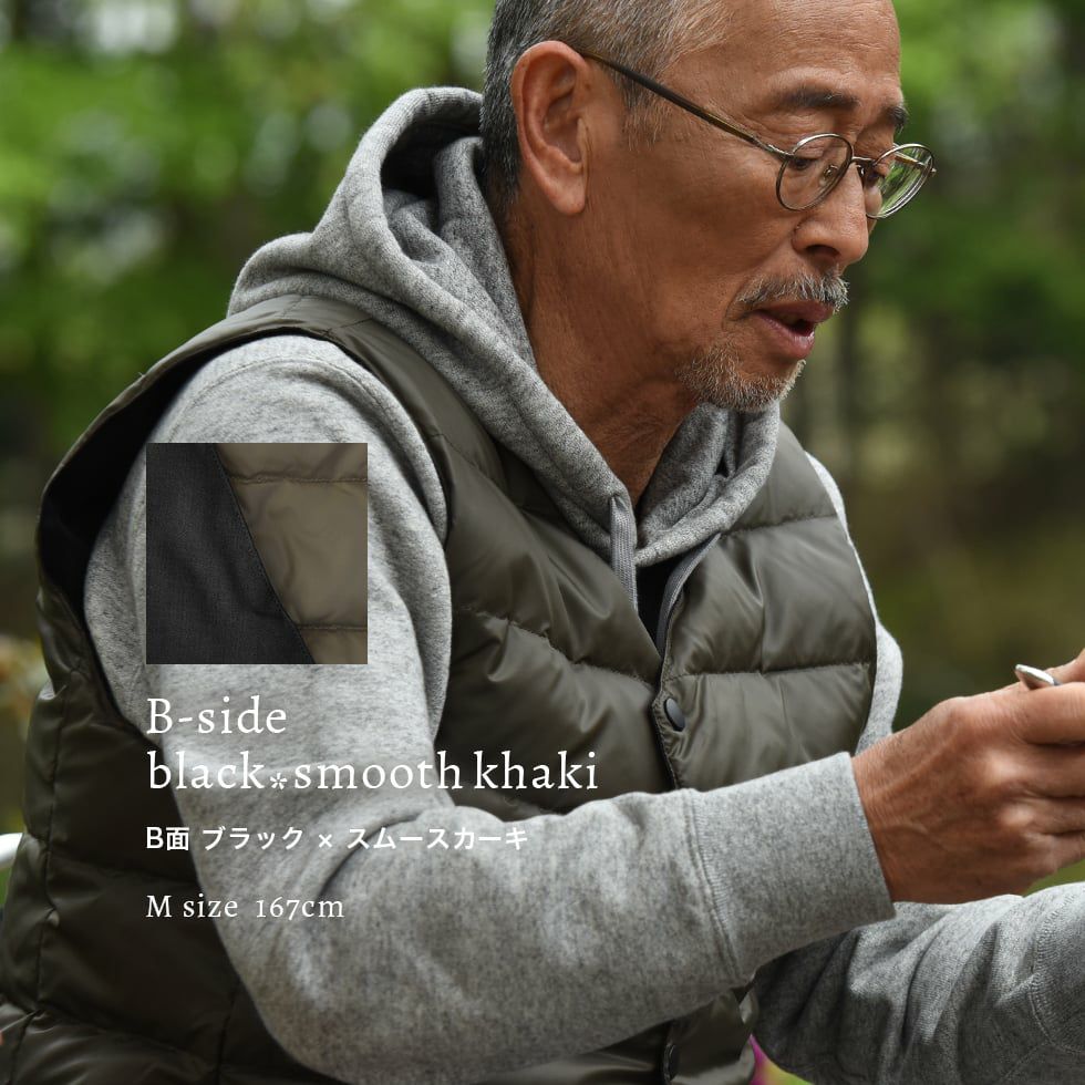 モデル身長：167㎝　B面　ブラック×スムースカーキ　Mサイズ着用