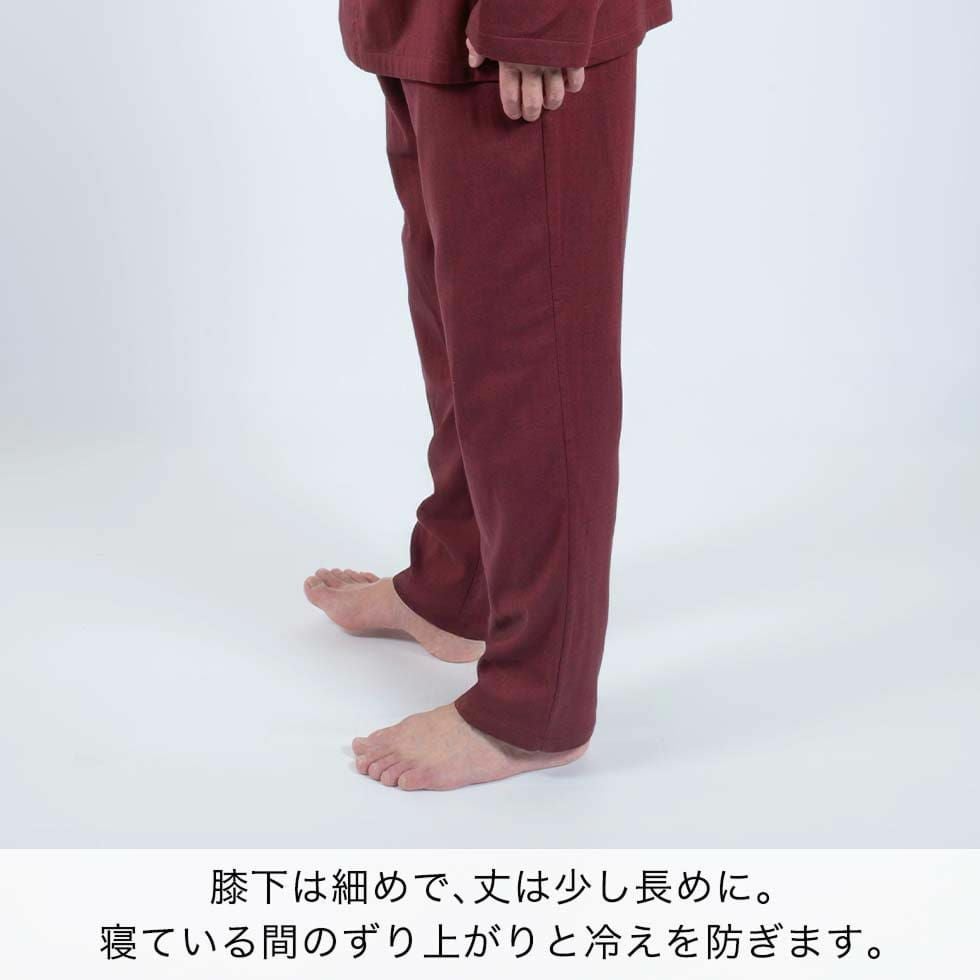 近年　45R スーパーガーゼMシャツ スーピマオーガニックコットン　R刺繍　赤紫 ストレッチ2重ガーゼ ぬくもり ノビーゼ “RIN” メンズパジャマ 長袖