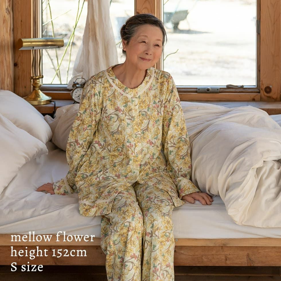 綿100％ ニットガーゼ レディース 長袖 前開き パジャマ 花柄 襟なし