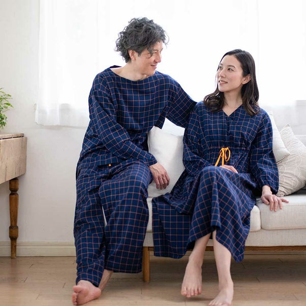 ロング丈 ルームワンピース パジャマ ストレッチ ガーゼ チェック 
