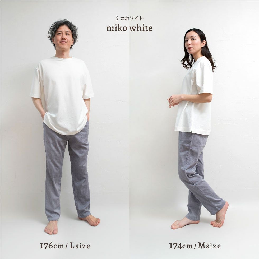 男性モデル身長：176cm Lサイズ 女性モデル身長：174cm Mサイズ ミコホワイト着用