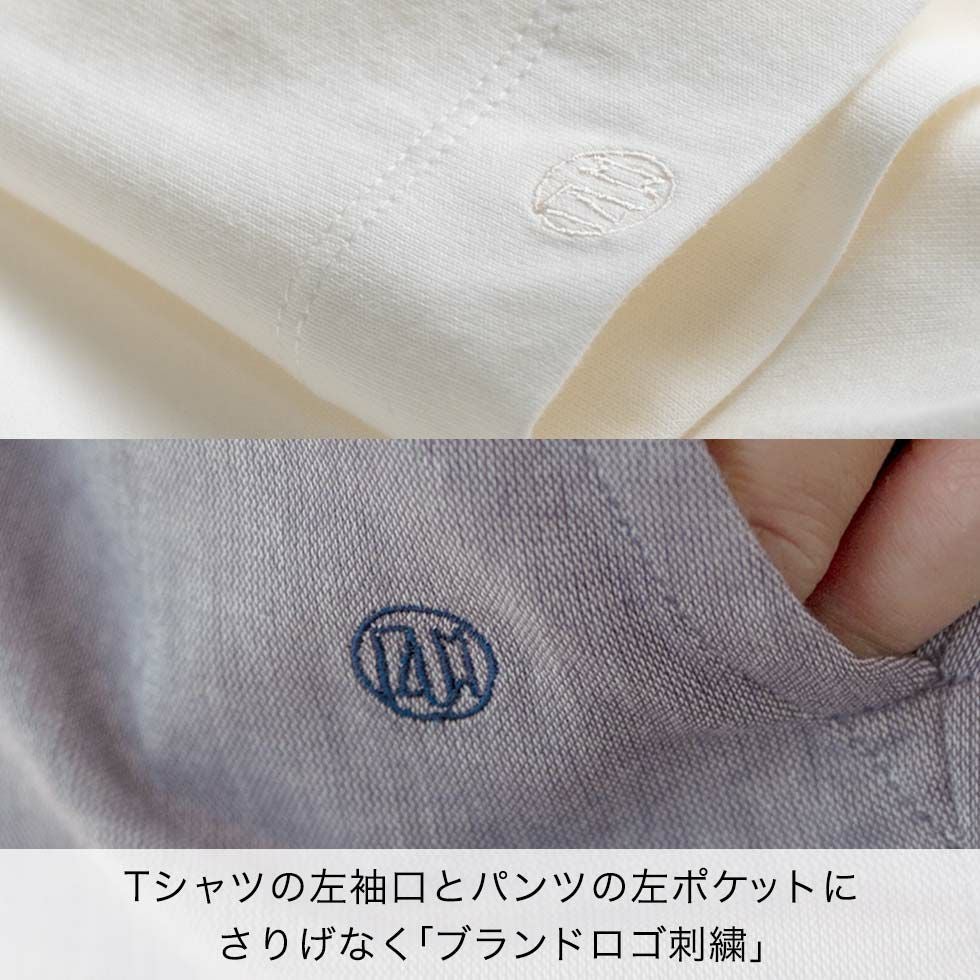 Tシャツの左袖口とパンツの左ポケットに さりげなく「ブランドロゴ刺繍」
