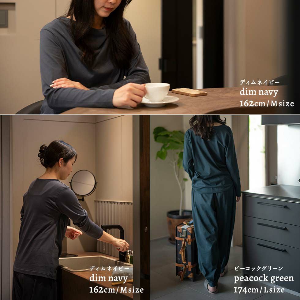 女性モデル身長：162cm Mサイズ ディムネイビー着用 174cm Lサイズ ピーコックグリーン着用