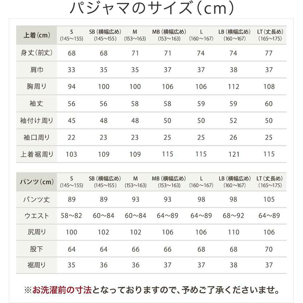 【25周年福袋】パジャマのサイズ表